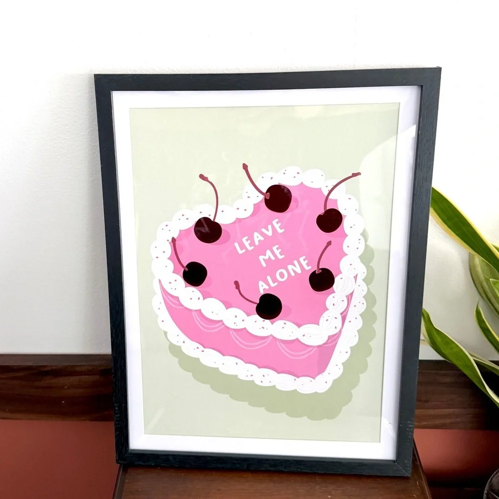 Leave Me Alone Heart Cake Red Cherry Pink Cake Framed Wall Art Quirky Art Print